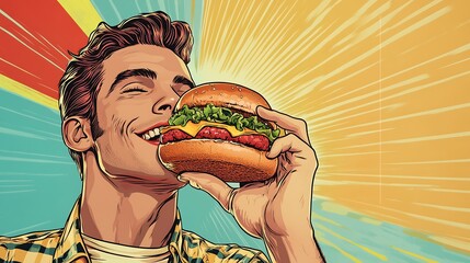 A retro pin-up pop art image of a man enjoying a hamburger, capturing the fun and indulgence of classic diner culture.
