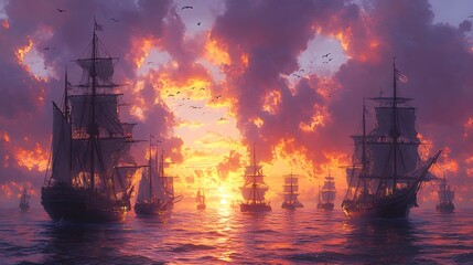 Obraz premium A fleet of ships sail into the sunset on a dramatic seascape. The sky is filled with fiery clouds and the water is calm.
