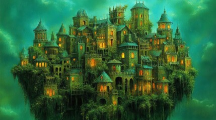 Fototapeta premium Fantasy Floating City Illustration Green Castle Medieval Architecture Magical Landscap