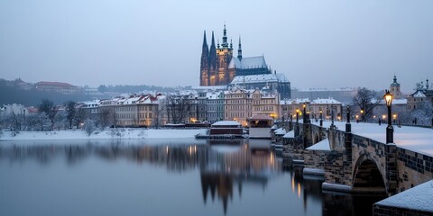 Prague Winter Wonderland  Snowy Bridge  Castle  and River