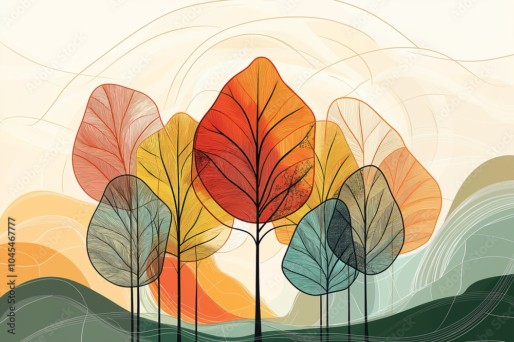 Poster abstract trees with colorful leaves growing in a minimalist landscape