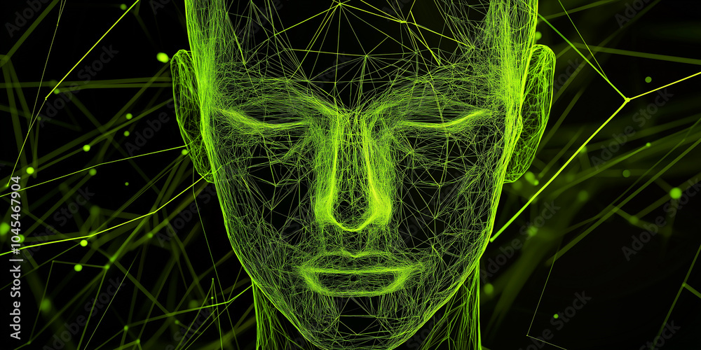 Poster Artificial intelligence face surrounded by glowing network nodes