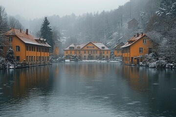 Fototapeta premium Snow-Covered Buildings Reflecting in a Still Lake
