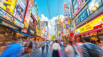 Naklejka premium A bustling street in Japan with colorful signs and a crowd of people walking by.