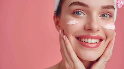 Beautiful woman smile use cream for good skin. face of a healthy woman apply cream and makeup. Advertisement for skin cream, anti-wrinkle, baby face, whitening, moisturizer, tighten pores.