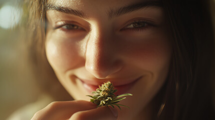 Smiling Woman Holding Cannabis Bud in Warm Sunlight
