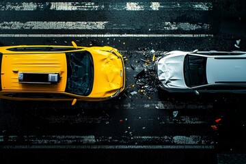 Yellow taxi and white SUV collision at a crosswalk in a rainy city, captured in dynamic motion