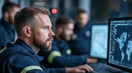 Focused professionals analyzing data on computer screens in a control room.