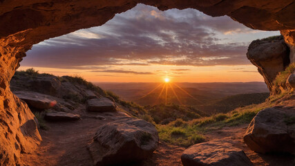 Sun setting over a vast canyon landscape, viewed from a cave entrance with rocky surroundings.
