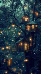 A tranquil village on tree branches, lit by lanterns and fireflies amidst the dark