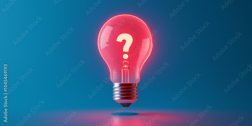 Poster Red lightbulb floating over blue backdrop showing question mark