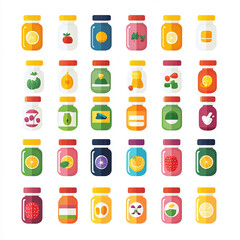 Vibrant collection of vitamin bottles featuring various fruits and herbs, showcasing flat design style. Perfect for health and wellness themes