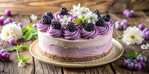 Naklejka premium A purple-hued cheesecake, adorned with delicate white flowers and plump blackberries, rests on a rustic wooden table
