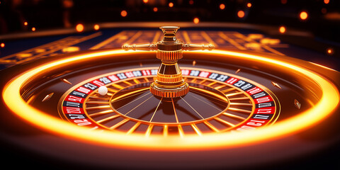 Roulette wheel spinning with ball on number and blurred background
