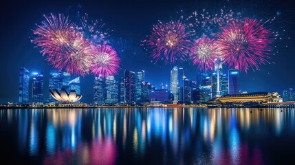 Fototapeta premium Glorious fireworks display over a quiet city, celebrating the night with ample copy space