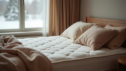 Cozy winter bedroom with soft neutral tones and plush bedding near snowy window