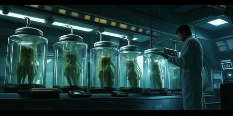 Scientist analyzing alien plant data in futuristic laboratory setting