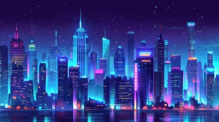 Obraz premium A cityscape lit up by neon signs and skyscrapers, with the dark night sky adding contrast to the bright lights.