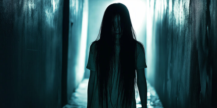 Scary woman with long black hair walking in dark hallway