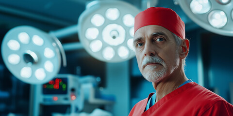 Portrait of a senior surgeon wearing red scrubs standing in an operating room