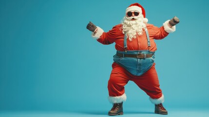 Full size photo of funky fat crazy santa claus with big abdomen beard dance x-mas christmas holly party club wear suspenders overalls sunglass boots isolated blue color background