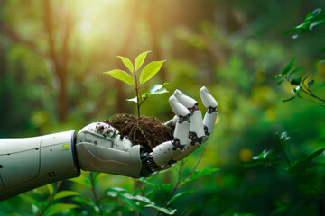Robot hand holds plant with soil on green blurred background, wallpaper. Sustainable technology, eco-friendly tech artificial intelligence in agriculture concept.