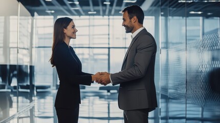 A side view of a businesswoman shaking hands with a friendly chief.