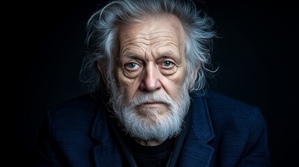 A man with a beard and gray hair is wearing a blue jacket and looking at the camera. He is sad or contemplative
