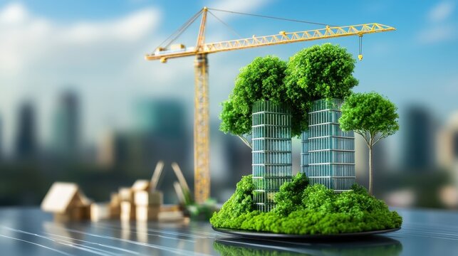 Green steel construction site with nature integrated into the design, cranes building eco-friendly skyscrapers