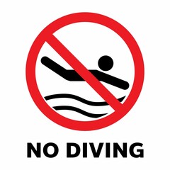 No diving sign. Prohibition symbol in red circle with text on white background. No diving sign. Safety warning sign isolated on white in red circle for public swimming places like beaches, pool. 