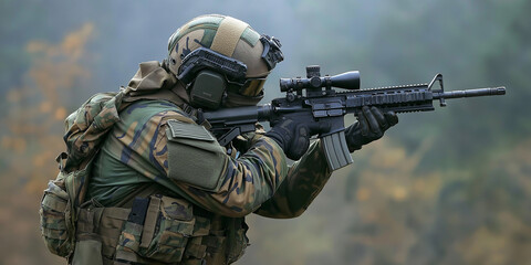 Soldier aiming with assault rifle in forest