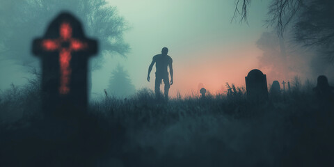 Zombie rising from grave in spooky cemetery at sunset