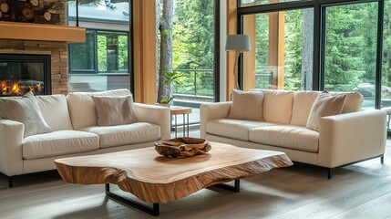 Fototapeta premium Live edge accent coffee table between two sofas by fireplace, Scandinavian home interior design of modern living room in house in forest.