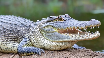 Fototapeta premium Close Up of Crocodile with Open Mouth on Riverbank
