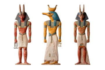 A statue of an Egyptian man holding a staff. on transparent background.