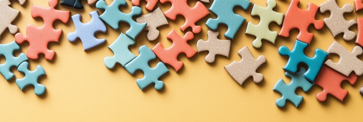 Colorful Jigsaw Puzzle Pieces Scattered on a Bright Yellow Background, Banner Image with Copy Space