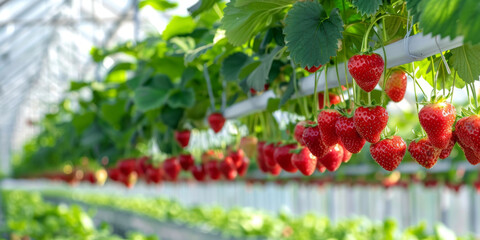 Obraz premium Hydroponic Farming of Strawberries. Smart agricultural technology concept. A modern greenhouse with rows of strawberries hanging from the ceiling