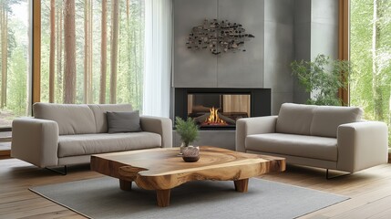Fototapeta premium Live edge accent coffee table between two sofas by fireplace, Scandinavian home interior design of modern living room in house in forest.
