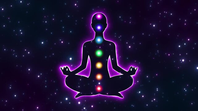 yoga meditation woman pose in the space animation , neon glowing chakra lights and glowing shiny stars, relaxing spiritual motion background