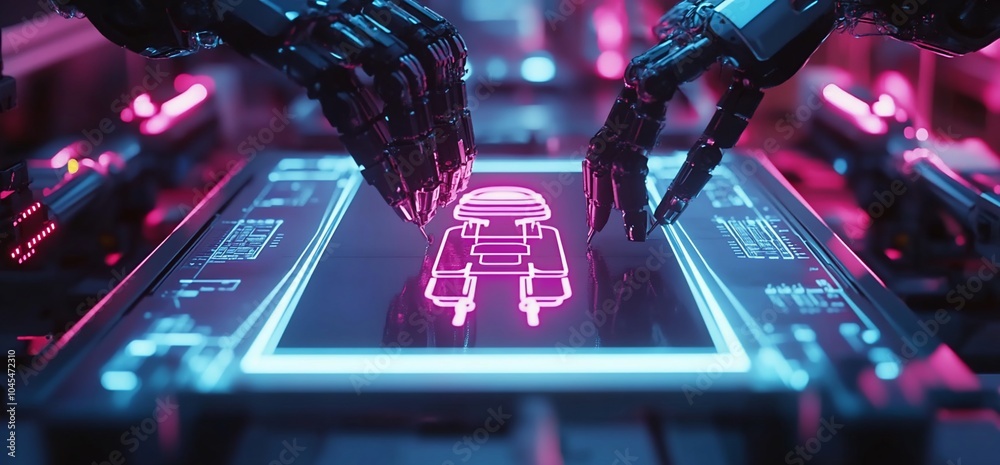 Poster Two robotic arms interact with a digital interface, highlighting a pink robot symbol on the screen.