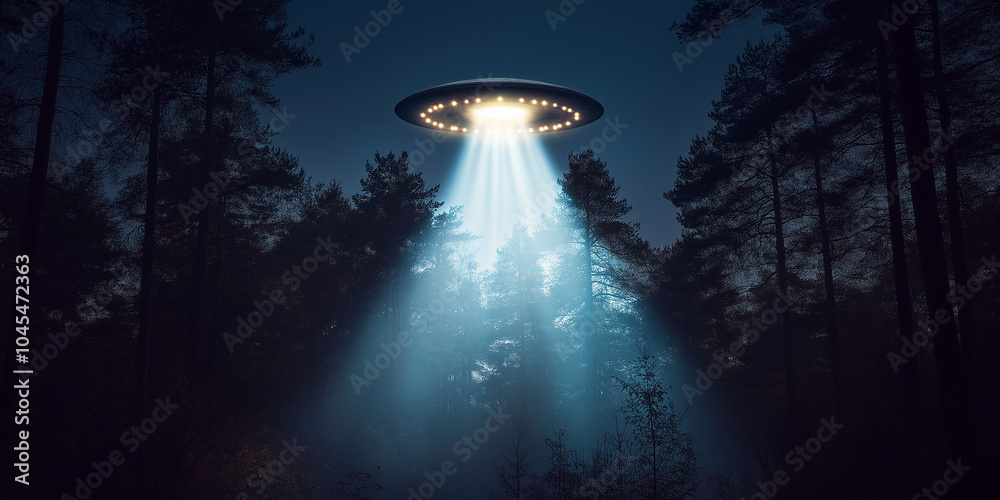 Poster alien spaceship hovering over a pine forest at night emitting light beams