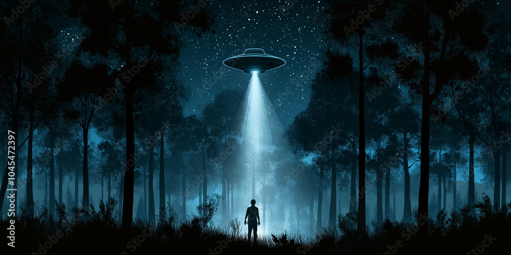 Poster man looking at ufo flying saucer hovering over a forest at night