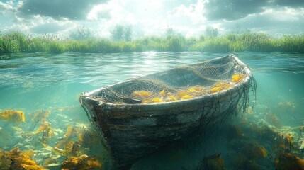 Fototapeta premium A weathered boat submerged in clear water, surrounded by aquatic plants.