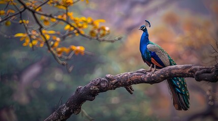 Fototapeta premium A majestic peacock perched on a tree branch, with a colorful plumage of blue, green, and gold. The background is a blurred forest setting with a soft, muted palette.