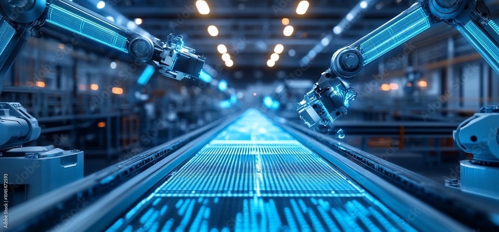 Aufkleber two robotic arms working on an automated production line with a glowing blue conveyor belt.