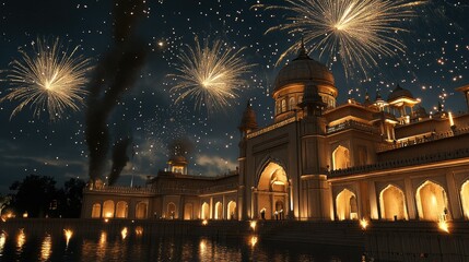 Fototapeta premium Stunning fireworks burst above a South Asian palace, celebrating the night with ample room for text