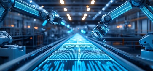 Two robotic arms working on an automated production line with a glowing blue conveyor belt.