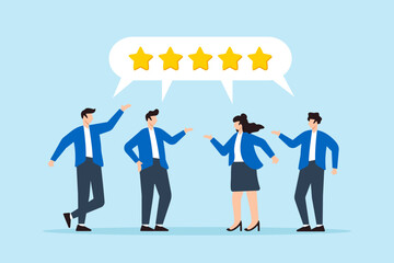 Flat illustration of various customers give reviews with bubble rating five stars illustrating customer loyalty and satisfaction with quality service
