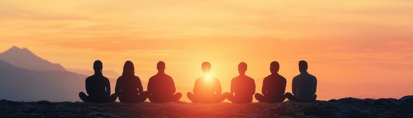 A serene sunset meditation scene with individuals sitting in silence along a scenic landscape.