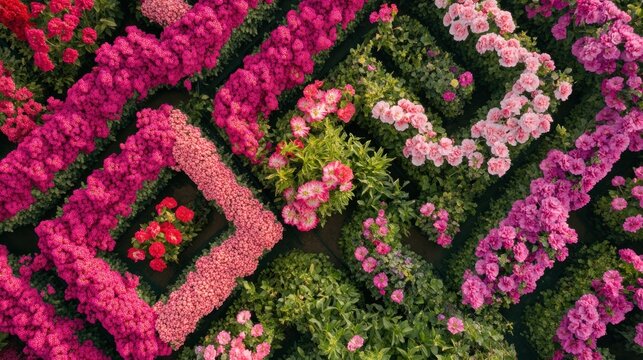 An aerial view of a geometric pattern of pink flowers in a garden.